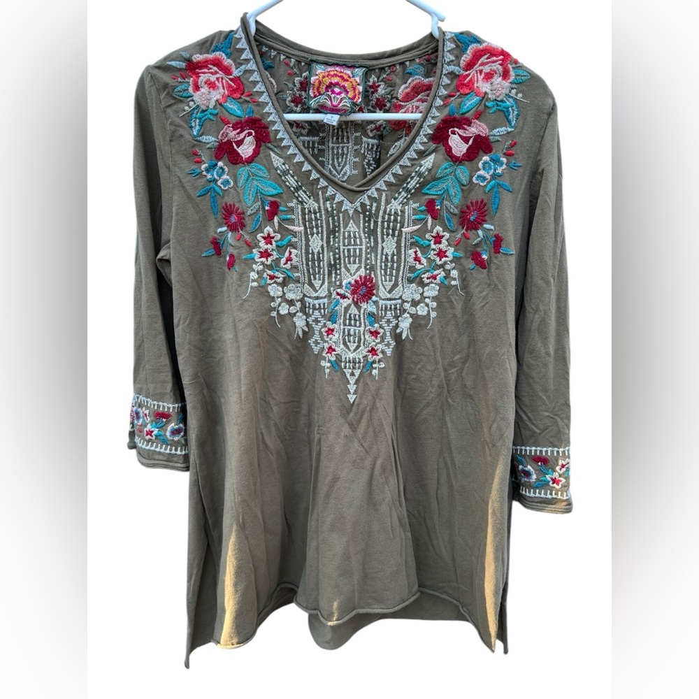 Sz S Johnny Was Embroidered Olive Green Floral Tunic Blouse 3/4 Sleeve Cotton